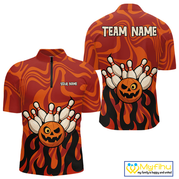Orange camo flame Bowling polo, quarter zip shirts for men custom Halloween Bowling team jerseys NQS10395