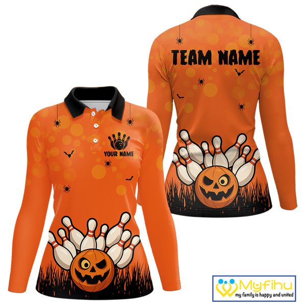Custom Funny orange Bowling Team Shirt Halloween Polo & Quarter-Zip Bowling Jersey for Women NQS10396