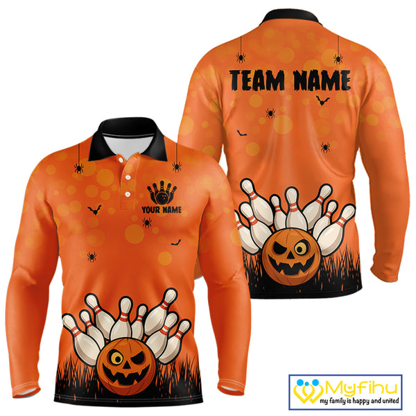 Custom Funny orange Bowling Team Shirt Halloween Polo & Quarter-Zip Bowling Jersey for Men NQS10396