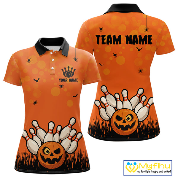 Custom Funny orange Bowling Team Shirt Halloween Polo & Quarter-Zip Bowling Jersey for Women NQS10396