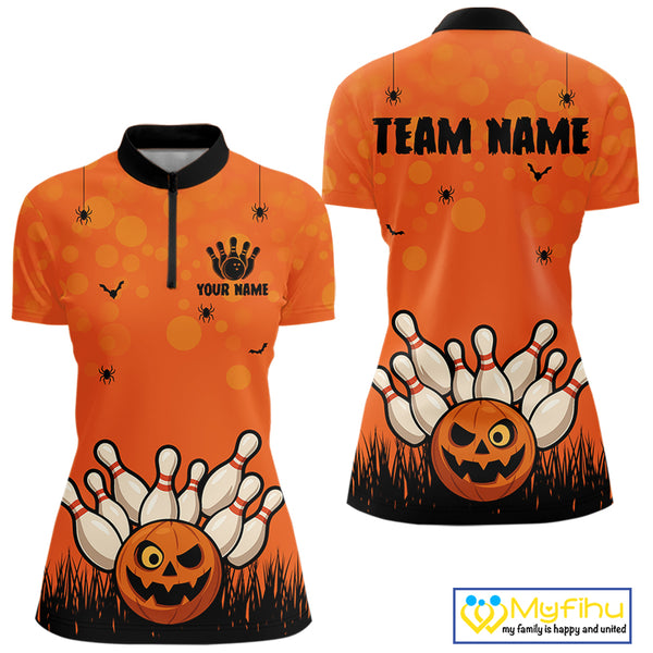 Custom Funny orange Bowling Team Shirt Halloween Polo & Quarter-Zip Bowling Jersey for Women NQS10396