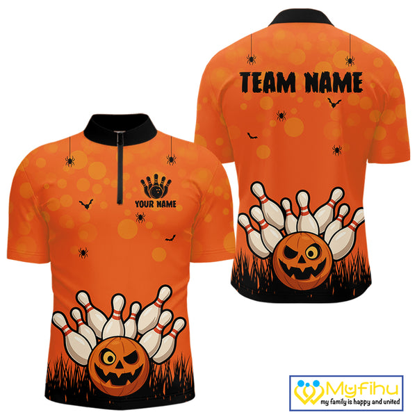 Custom Funny orange Bowling Team Shirt Halloween Polo & Quarter-Zip Bowling Jersey for Men NQS10396