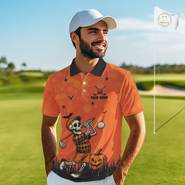 Custom Funny orange Golf skull Halloween Mens golf polo shirt, Personalized Halloween golf outfit NQS10397