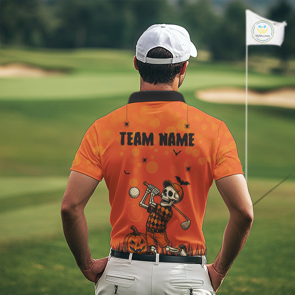 Custom Funny orange Golf skull Halloween Mens golf polo shirt, Personalized Halloween golf outfit NQS10397