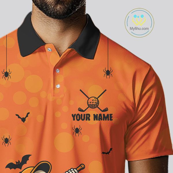Custom Funny orange Golf skull Halloween Mens golf polo shirt, Personalized Halloween golf outfit NQS10397