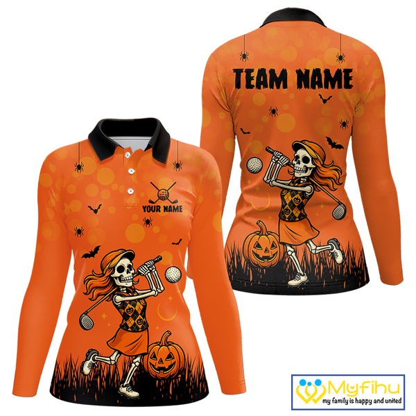 Custom Funny orange Golf skull Halloween Women golf polo shirt, Personalized Halloween golf outfit NQS10397