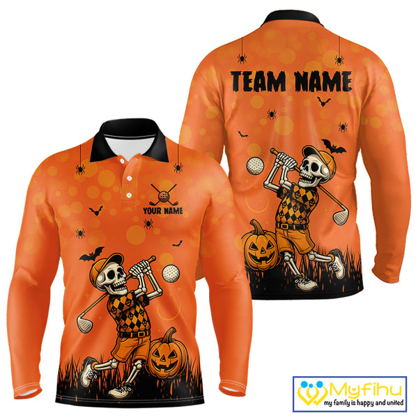 Custom Funny orange Golf skull Halloween Mens golf polo shirt, Personalized Halloween golf outfit NQS10397