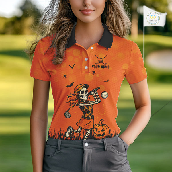 Custom Funny orange Golf skull Halloween Women golf polo shirt, Personalized Halloween golf outfit NQS10397