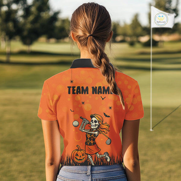 Custom Funny orange Golf skull Halloween Women golf polo shirt, Personalized Halloween golf outfit NQS10397