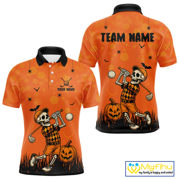 Custom Funny orange Golf skull Halloween Mens golf polo shirt, Personalized Halloween golf outfit NQS10397