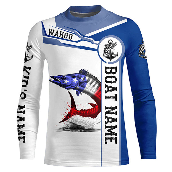 Wahoo Fishing American Flag Custom name and boat name performance Patriotic Long Sleeve Fishing Shirts NQS2338