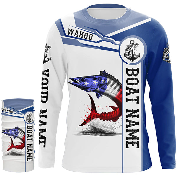 Wahoo Fishing American Flag Custom name and boat name performance Patriotic Long Sleeve Fishing Shirts NQS2338