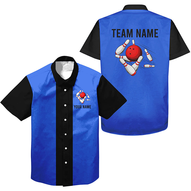Personalized Blue Black Retro Bowling hawaiian shirts Custom vintage Team button up shirts NQS6802