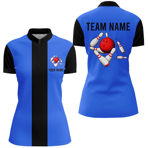 Personalized Blue Black Retro Bowling Quarter Zip shirt For women custom vintage bowling team jerseys NQS6802