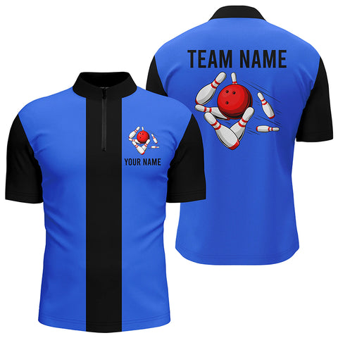 Personalized Blue Black Retro Bowling Quarter Zip shirt For Men custom vintage bowling team jerseys NQS6802