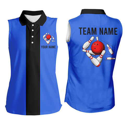 Personalized Blue Black Retro Bowling sleeveless polo shirt For women, vintage bowling team jerseys NQS6802