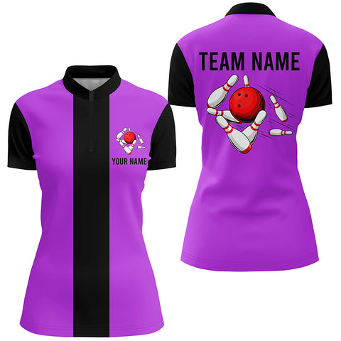 Personalized Purple Black Retro Bowling Quarter Zip shirt For women custom vintage bowling team jerseys NQS6803
