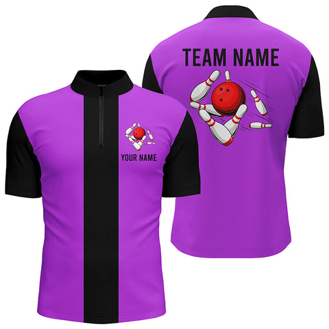 Personalized Purple Black Retro Bowling Quarter Zip shirt For Men custom vintage bowling team jerseys NQS6803