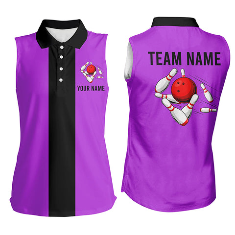 Personalized Purple Black Retro Bowling sleeveless polo shirt For women, vintage bowling team jerseys NQS6803