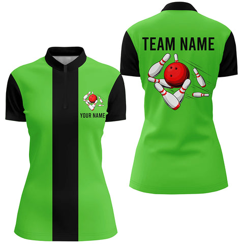 Personalized Green Black Retro Bowling Quarter Zip shirt For women custom vintage bowling team jerseys NQS6804