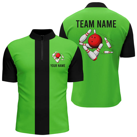 Personalized Green Black Retro Bowling Quarter Zip shirt For Men custom vintage bowling team jerseys NQS6804