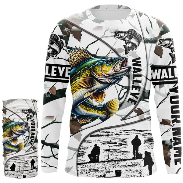 Ice fishing walleye winter camo ice fishing clothing Custom name  fishing shirt, gift for fisherman NQS2590