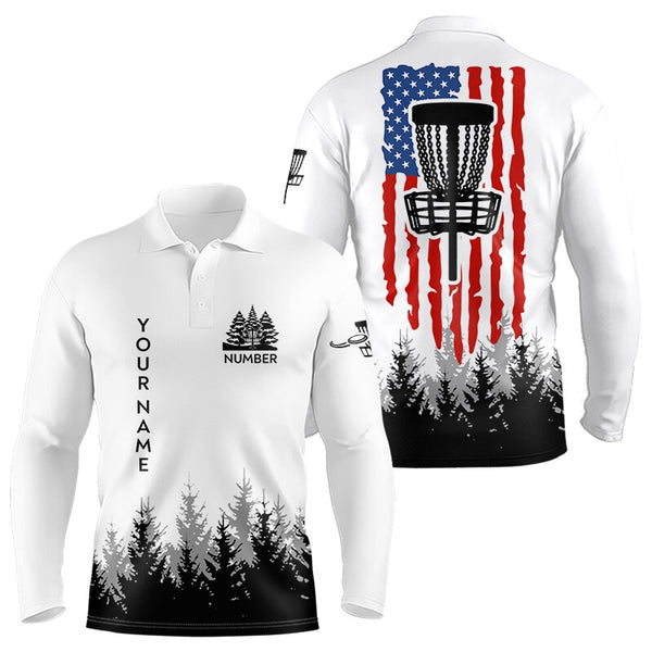 Black and White American flag Mens disc golf polo shirts custom patriotic disc golf basket team outfit NQS9127