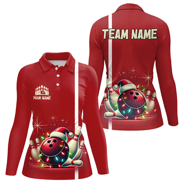 Red Christmas Bowling Polo, Quarter Zip Shirts For Women Custom Christmas Gift Bowling Team Jerseys NQS9128