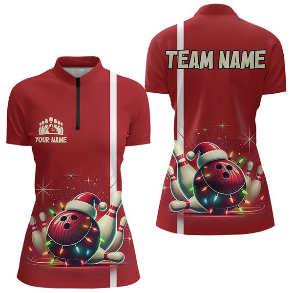 Red Christmas Bowling Polo, Quarter Zip Shirts For Women Custom Christmas Gift Bowling Team Jerseys NQS9128