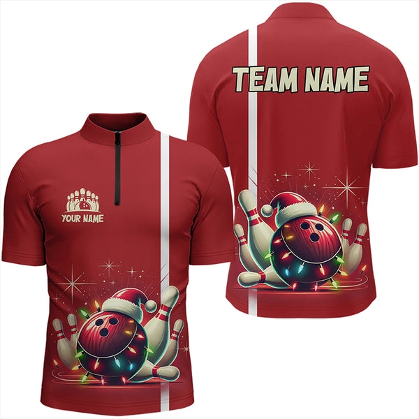 Red Christmas Bowling Polo, Quarter Zip Shirts For Men Custom Christmas Gift Bowling Team Jerseys NQS9128