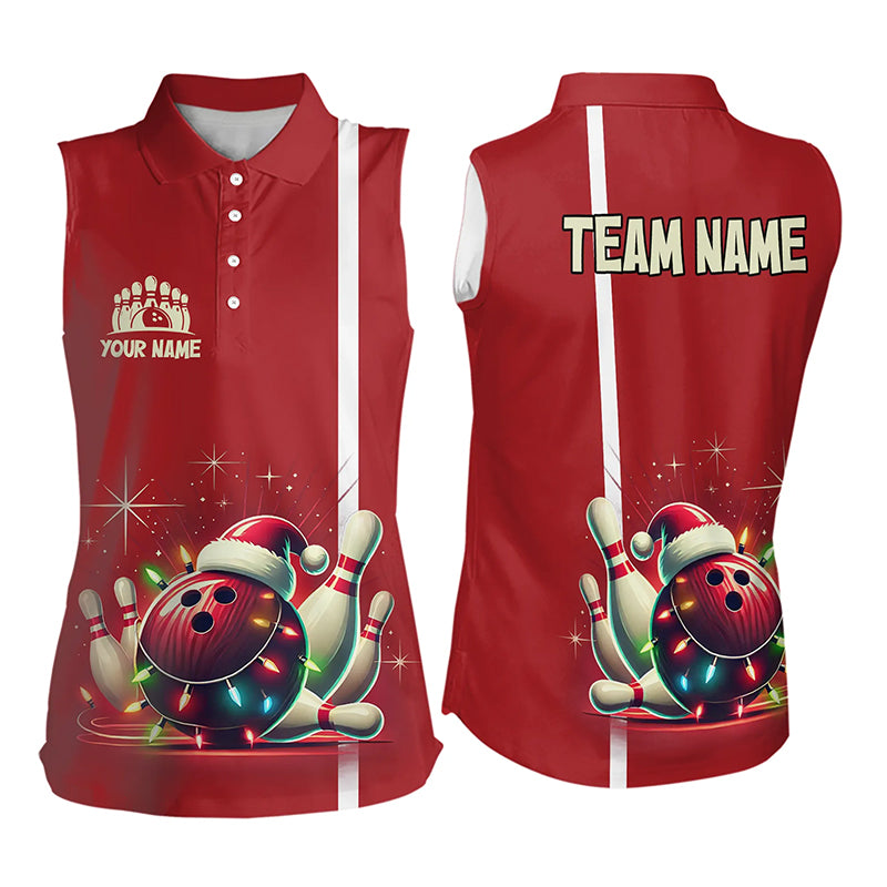 Red Christmas Bowling Sleeveless Polo Shirts Custom Christmas Gift Bowling Team Jerseys NQS9128