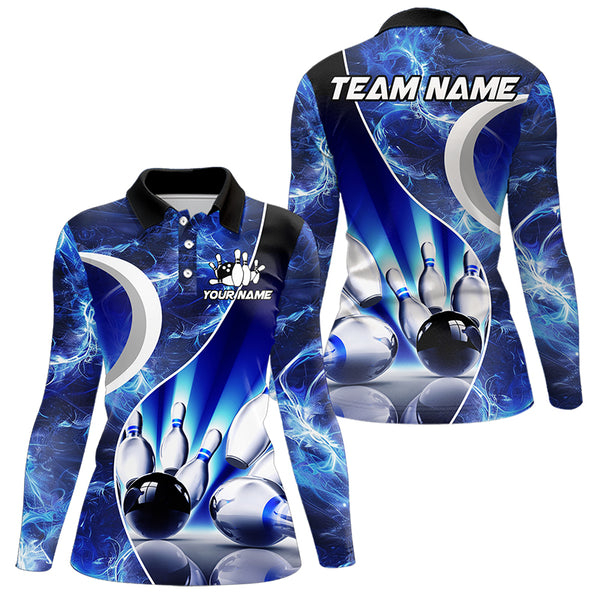 Blue Light pattern Bowling Polo, Quarter Zip shirts for Women Custom Bowling Team League Jerseys NQS9340