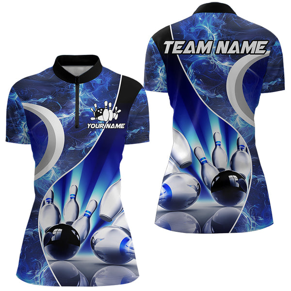 Blue Light pattern Bowling Polo, Quarter Zip shirts for Women Custom Bowling Team League Jerseys NQS9340
