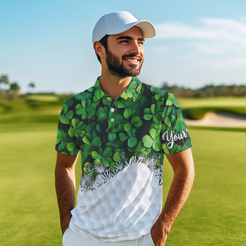Mens golf polo shirts custom Green clover golf pattern white St Patrick Day golf attire for mens NQS9473