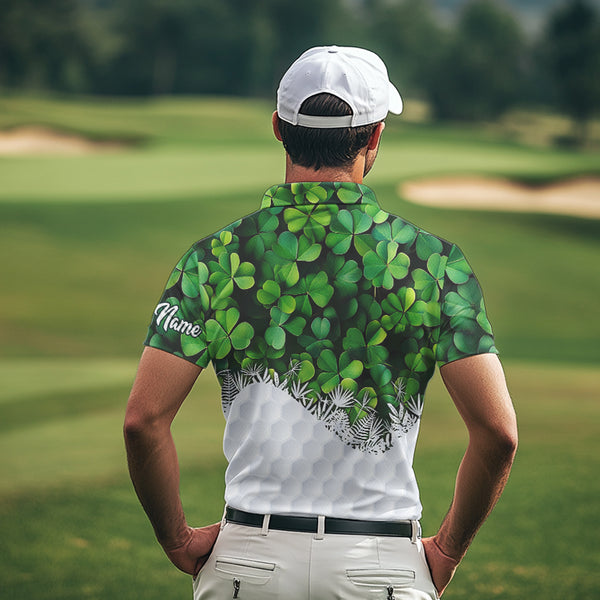 Mens golf polo shirts custom Green clover golf pattern white St Patrick Day golf attire for mens NQS9473