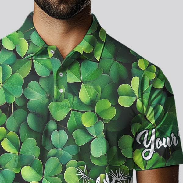 Mens golf polo shirts custom Green clover golf pattern white St Patrick Day golf attire for mens NQS9473