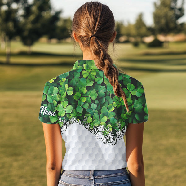 Womens golf polo shirts custom Green clover golf pattern white St Patrick Day golf attire for ladies NQS9473