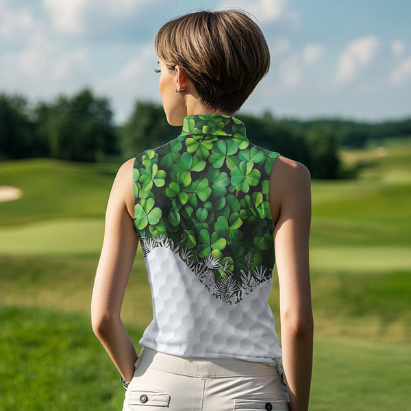 Women sleeveless polo shirt custom Green clover golf pattern St Patrick Day golf attire for ladies NQS9473