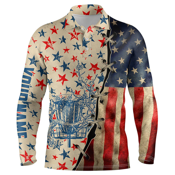 Vintage American flag disc golf basket Mens disc golf polo shirt, personalized disc golf shirts NQS5678