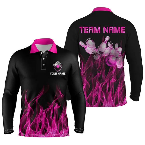 Personalized Men polo Bowling Shirt Pink Flame Bowling Ball & Pins camo bowling jersey for men Bowler NQS5880