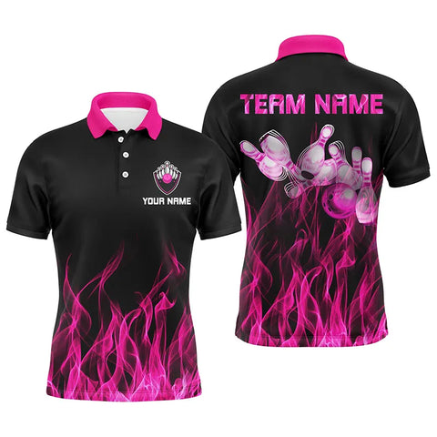 Personalized Men polo Bowling Shirt Pink Flame Bowling Ball & Pins camo bowling jersey for men Bowler NQS5880