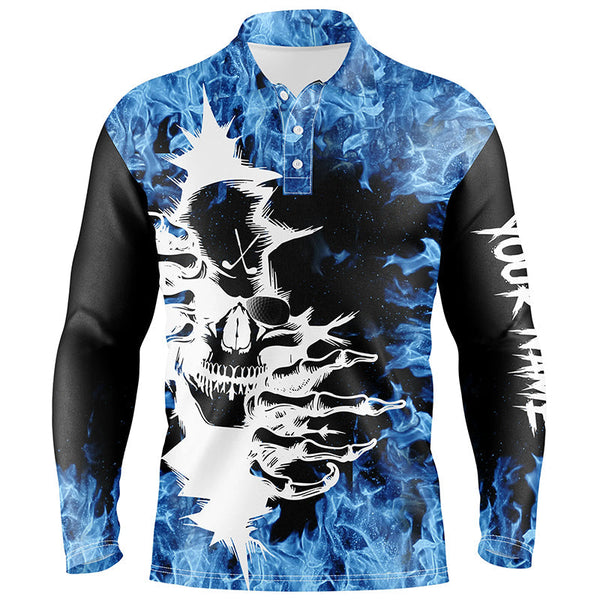 Black Mens golf polo shirt custom blue fire skull golf shirts, personalized golf gifts NQS6544