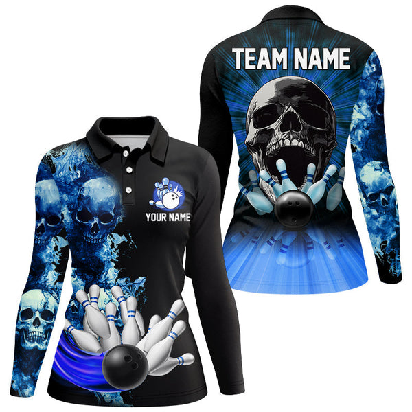 Blue Flame Skull Bowling Polo, Quarter Zip Shirts For Women Custom Bowling Team League Jerseys outfits NQS8654