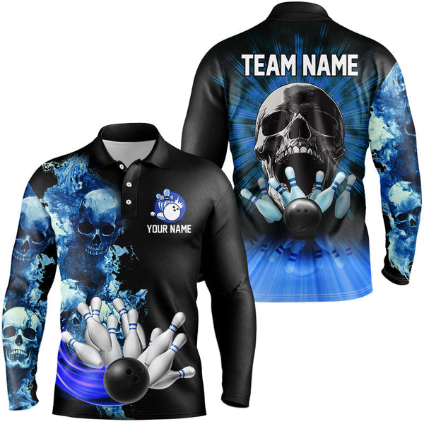 Blue Flame Skull Bowling Polo, Quarter Zip Shirts For Men Custom Bowling Team League Jerseys outfits NQS8654