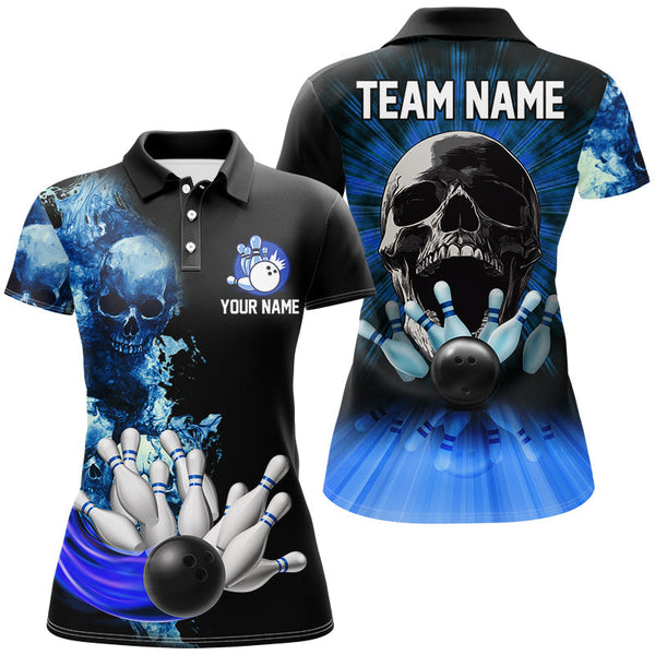 Blue Flame Skull Bowling Polo, Quarter Zip Shirts For Women Custom Bowling Team League Jerseys outfits NQS8654
