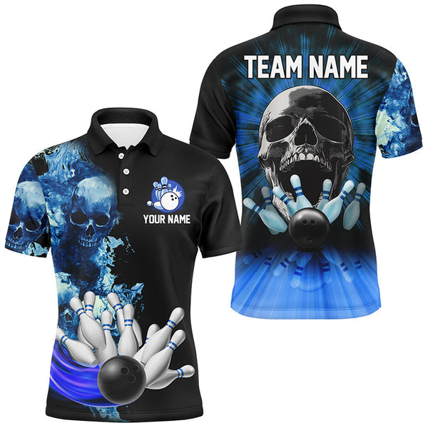 Blue Flame Skull Bowling Polo, Quarter Zip Shirts For Men Custom Bowling Team League Jerseys outfits NQS8654