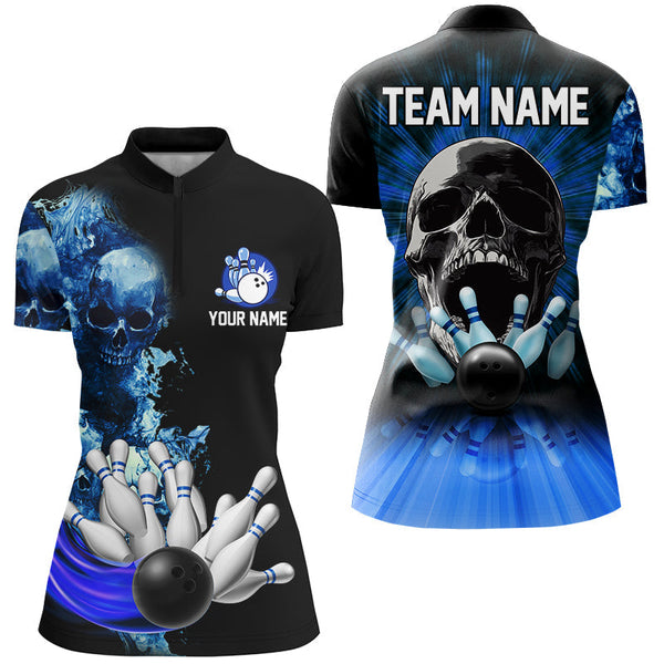Blue Flame Skull Bowling Polo, Quarter Zip Shirts For Women Custom Bowling Team League Jerseys outfits NQS8654