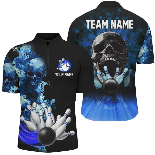 Blue Flame Skull Bowling Polo, Quarter Zip Shirts For Men Custom Bowling Team League Jerseys outfits NQS8654
