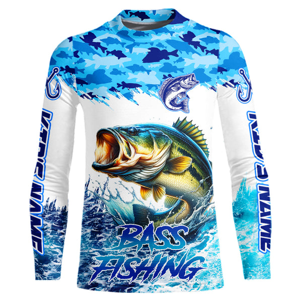 Bass fishing Blue ocean camo Custom UV protection fishing long sleeve shirt, Bass Fishing jerseys NQS9341