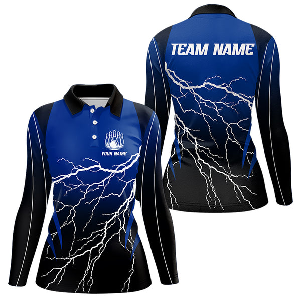Black and Blue Lightning thunder Bowling Polo, Quarter Zip shirts for Women Custom Bowling Team Jersey NQS9346